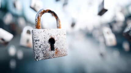 A rusty padlock represents security and privacy in a digital age, surrounded by floating keys symbolizing access and control.