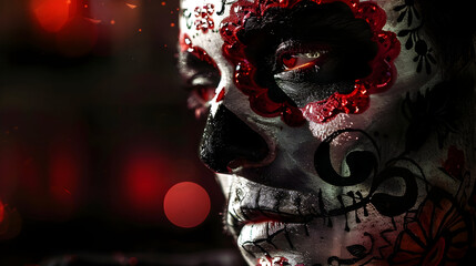 Close-up artistic portrait of face painted for day of the dead celebration