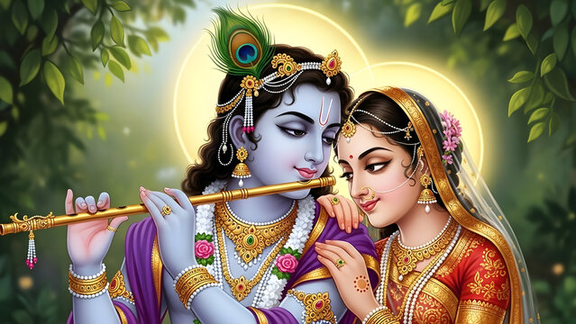 Divine Love of Radha Krishna: Hindu Deity Lord Krishna Playing Flute with Goddess Radha in Enchanted Forest