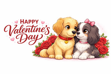 Happy Valentine&rsquo;s Day cute puppy couple illustration with roses