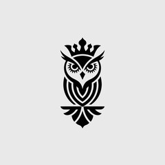 Obraz premium A stylish black and white emblem of an owl adorned with a crown, featuring intricate details, symbolizing wisdom, intelligence, and authority in a modern artistic style.