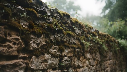 Old Mossy Stone Wall Ancient Rock Texture Background with Green Plants and Weathered Masonry for Historical Garden and Nature Reclamation Design