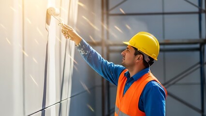 Worker in hard hat and safety vest inspecting equipment in industrial setting