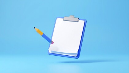 Minimalist 3D Render of a Clipboard and Pen on a Blue Background.
