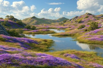 A vibrant landscape of rolling hills and a tranquil lake