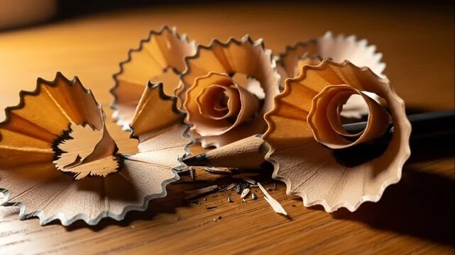 Close up of pencil sharpening with wood shavings on a wooden table.