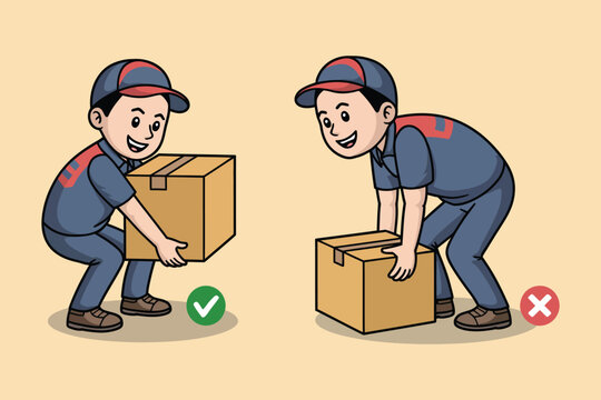 Proper and Improper Lifting Techniques for Heavy Boxes, cartoon vector illustration showing safe manual handling, correct posture, workplace ergonomics, injury prevention, and delivery worker safety.