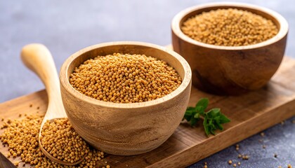 Dried Fenugreek Seeds in Wooden Bowls and Spoon on Cutting Board.