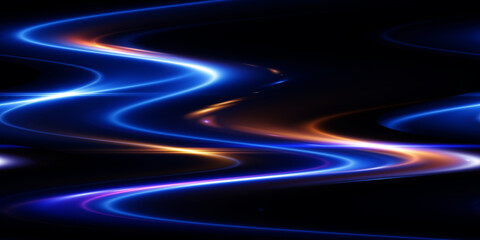 An abstract background with elegant, flowing blue and orange light trails on a dark backdrop. A modern and fluid design for technology or corporate themes.