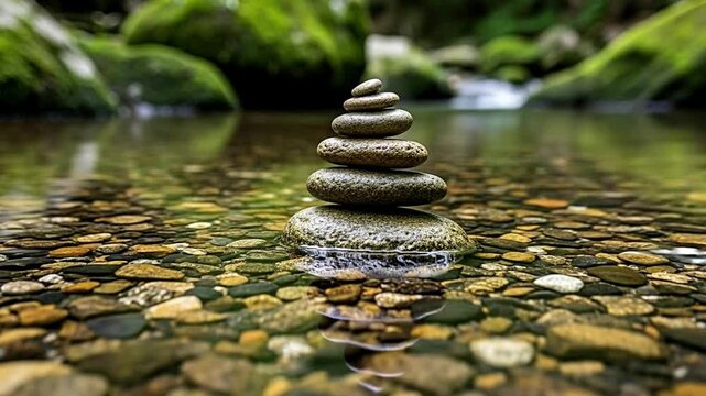 Zen Stone Stack Balanced in Serene River Water with Lush Greenery.