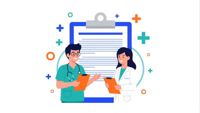 Healthcare consultation by medical professionals analyzing patient data, depicted in a modern flat vector illustration suitable for health services and digital record management