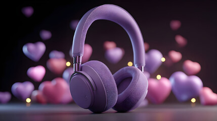 Purple Headphones with Floating Love Hearts
