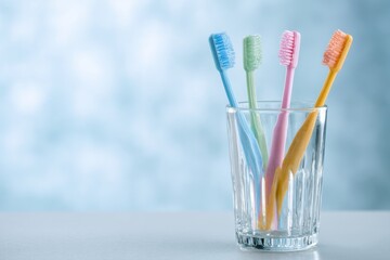 Four colorful toothbrushes in a glass
