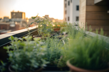 Close up shot of various herbs plants in terracotta pots on rooftop garden