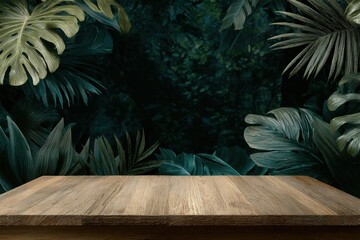 Wooden tabletop against a backdrop of lush tropical foliage