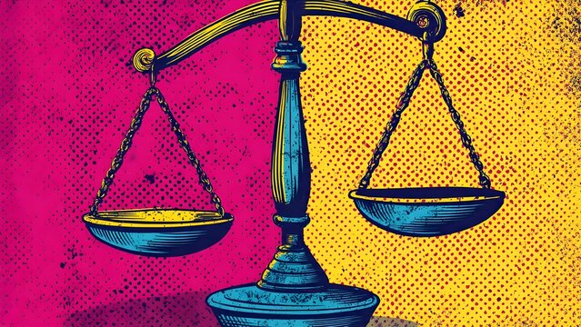 background stylized pop art illustration of scales of justice geometric composition saturated colors thick black outlines comic inspired design