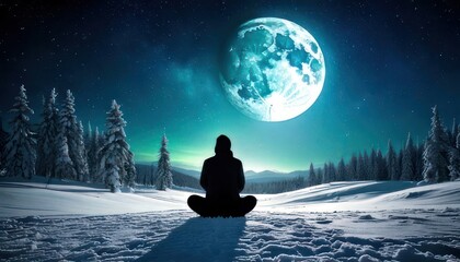 Person meditating under a glowing moon in a snowy forest landscape.