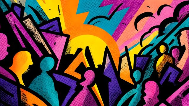 background pop art illustration of upward movement shapes and figures, vibrant gradients, bold comic outlines, optimistic social justice concept