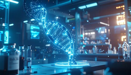 Futuristic DNA Helix Hologram in a High-Tech Laboratory Setting.
