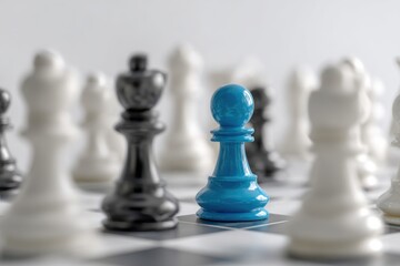 A blue pawn stands out amidst a chessboard of white and black pieces