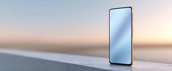 A modern smartphone is displayed on a ledge with the sunset in the background