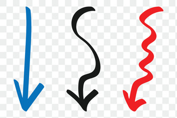 Vector art of handdrawn curved arrow pointing downwards, the imperfect line suggests a winding path or a change in direction, ideal for conveying flexibility