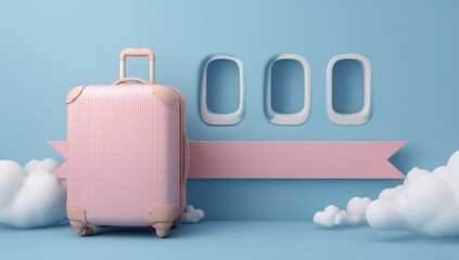 Pink suitcase on a light blue airplane background with clouds