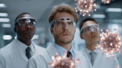 Medical researchers in futuristic lab wearing augmented reality headsets, analyzing magnified virus structures with glowing 3D holograms, showing intense curiosity, determination, and teamwork - Powered by Adobe