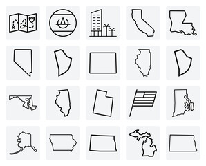 Travel And Location Visuals Featuring A Variety Of American State Map Outlines For Marketing.