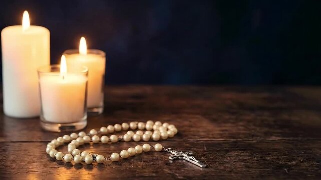 Pearl Rosary Beads Next to Burning Candles