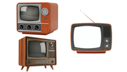 A collection of three vintage televisions showcasing different designs and screens against a dark backdrop