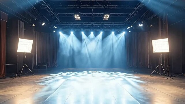 Empty stage with bright spotlights, curtains, and lighting equipment ready for a performance.