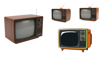 Four vintage televisions in different styles, with antennas and retro designs, on a black background, representing older technology