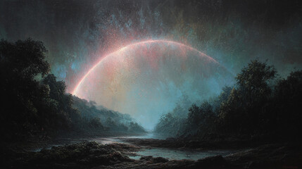 Softly glowing arc in pastel pink, blue, green, and beige on a dark grainy canvas, creating a dreamy abstract background for creative, artistic, and digital visuals