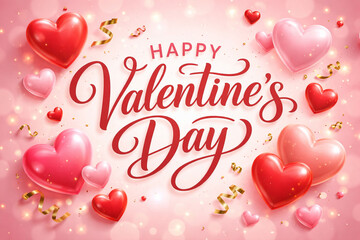Happy Valentine&rsquo;s Day festive calligraphy with hearts and confetti on pink background