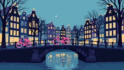 Amsterdam canal houses with stepped gables. Black silhouettes. Gold windows. Neon pink bicycle leaning on a bridge. Indigo sky. Vector illustration