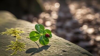 Sunlit Four-Leaf Clover with Ladybug on Stone