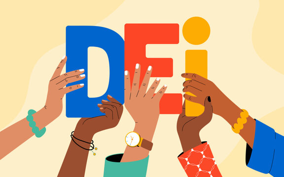 An artistic composition showing diverse hands holding colorful letters that spell DEI, representing Diversity, Equity, and Inclusion in a collaborative and vibrant way.