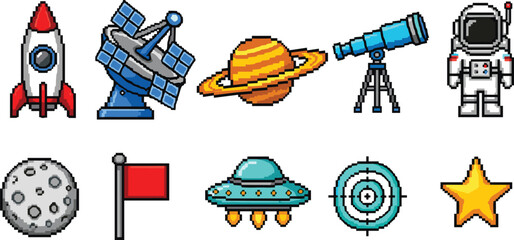 Pixel Art Space and Astronomy Icons Set with Rocket, Satellite, Planet, Telescope, Astronaut, UFO, Moon, Target, Flag, and Star Vector © HazelQueen