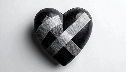 Glossy Black Heart with Bandages Isolated on White Background - Concept of Healing and Resilience