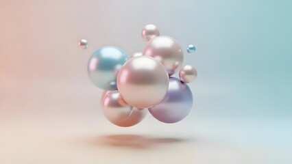 Abstract composition of floating colorful spheres with pearlescent finish on a soft gradient background