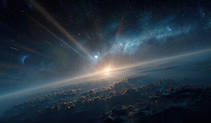 Vast space, sunrise over a planet