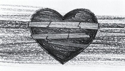 Hand-Drawn Sketch of a Broken Heart with Bandages on Textured Paper Background