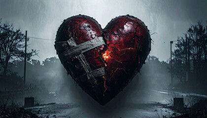 Broken Heart with Bandages and Glowing Core in Dark Cinematic Landscape