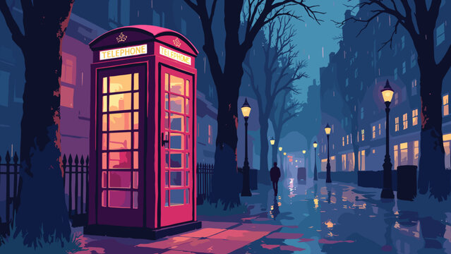A rainy London phone booth (stylized). Glowing pink instead of red. Gold interior light. Black street. Indigo rain