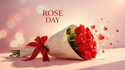 Beautiful red rose bouquet with ribbon on romantic background