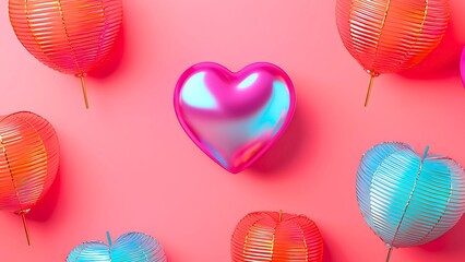 A collection of colorful heart decorations displayed on a solid color background. The image evokes feelings of love and affection.