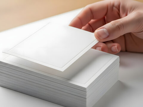Hand placing blank card on stack for presentation or information