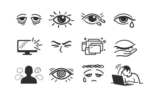 Online focus dry vector icon blinking overload eyes fatigue visual meeting glare