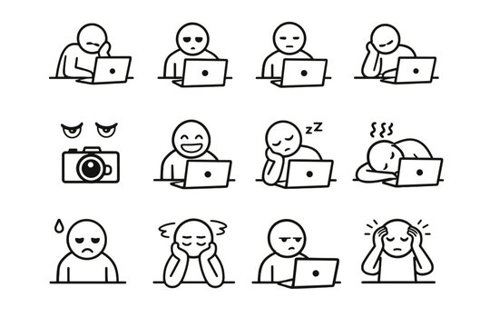 Reduced muted fatigue stare icon smile online forced social presence mood vector